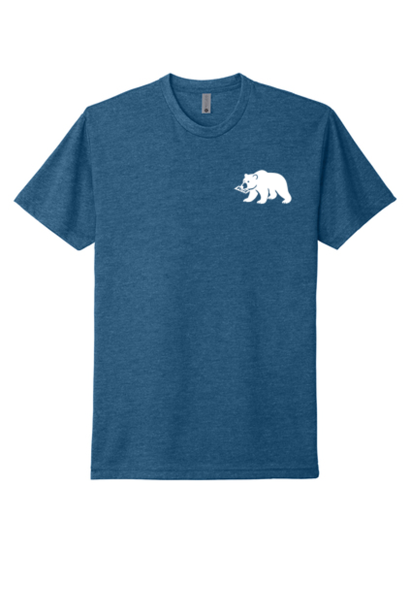 Blue t-shirt with a white bear graphic on a white background