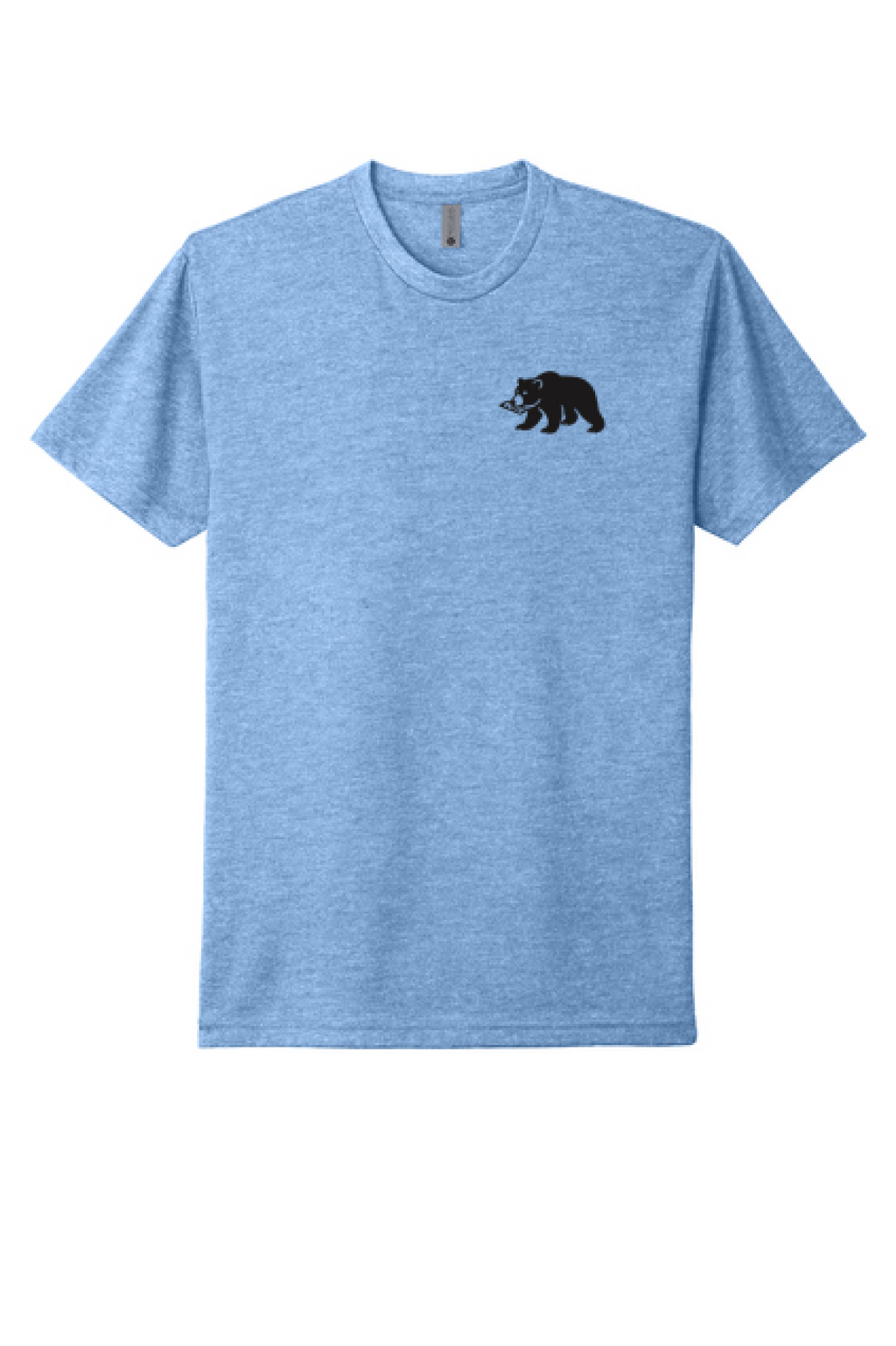 Blue t-shirt with a black bear graphic on a white background
