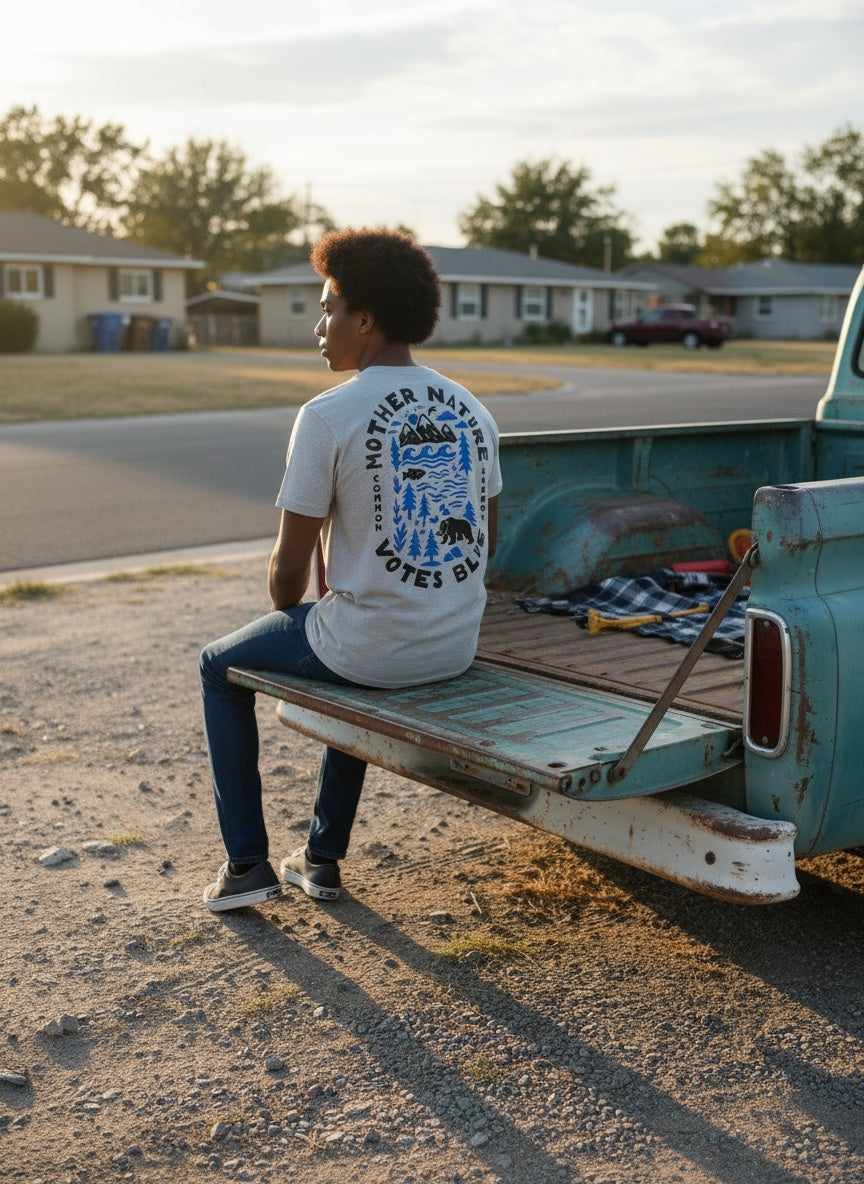 Person sitting on the back of a vintage truck with a t-shirt on, in a suburban setting.