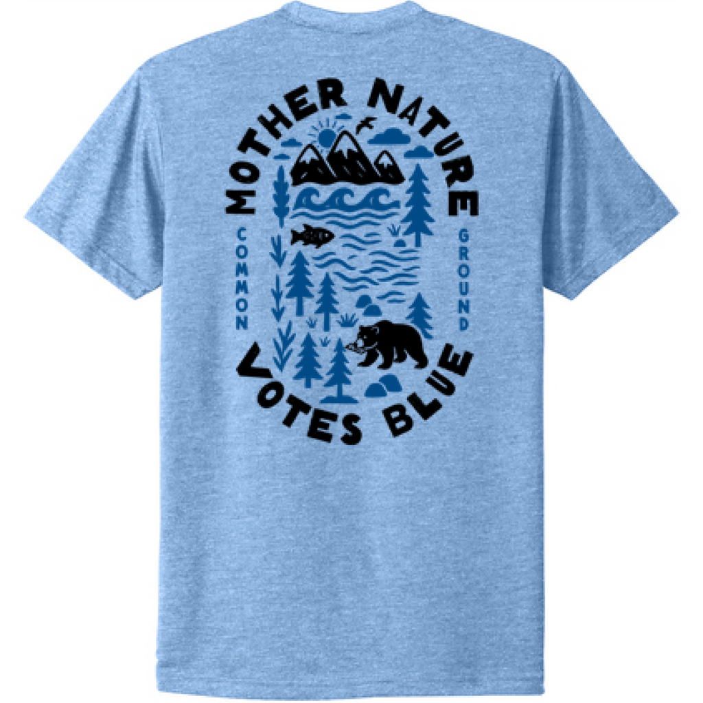 Blue t-shirt with nature-themed graphic and text on a white background