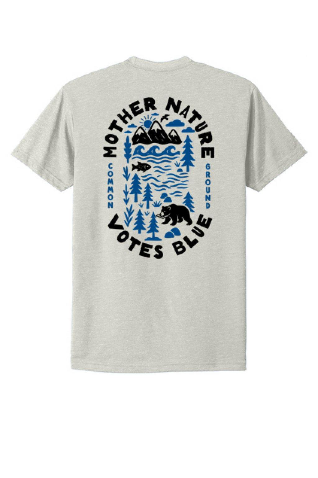 Gray t-shirt with nature-themed graphic and text on a white background