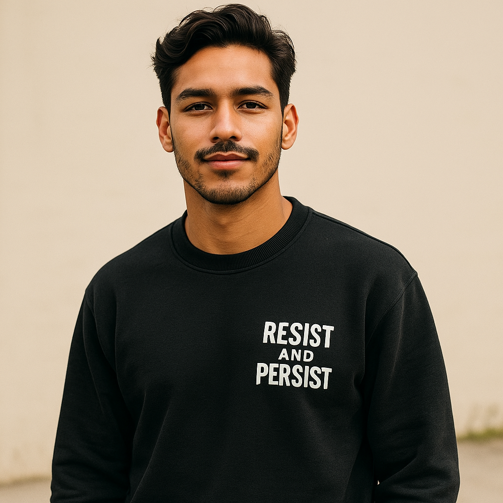 Resist & Persist Sweatshirt – man wearing black crewneck fleece with bold white chest graphic, Common Ground Project
