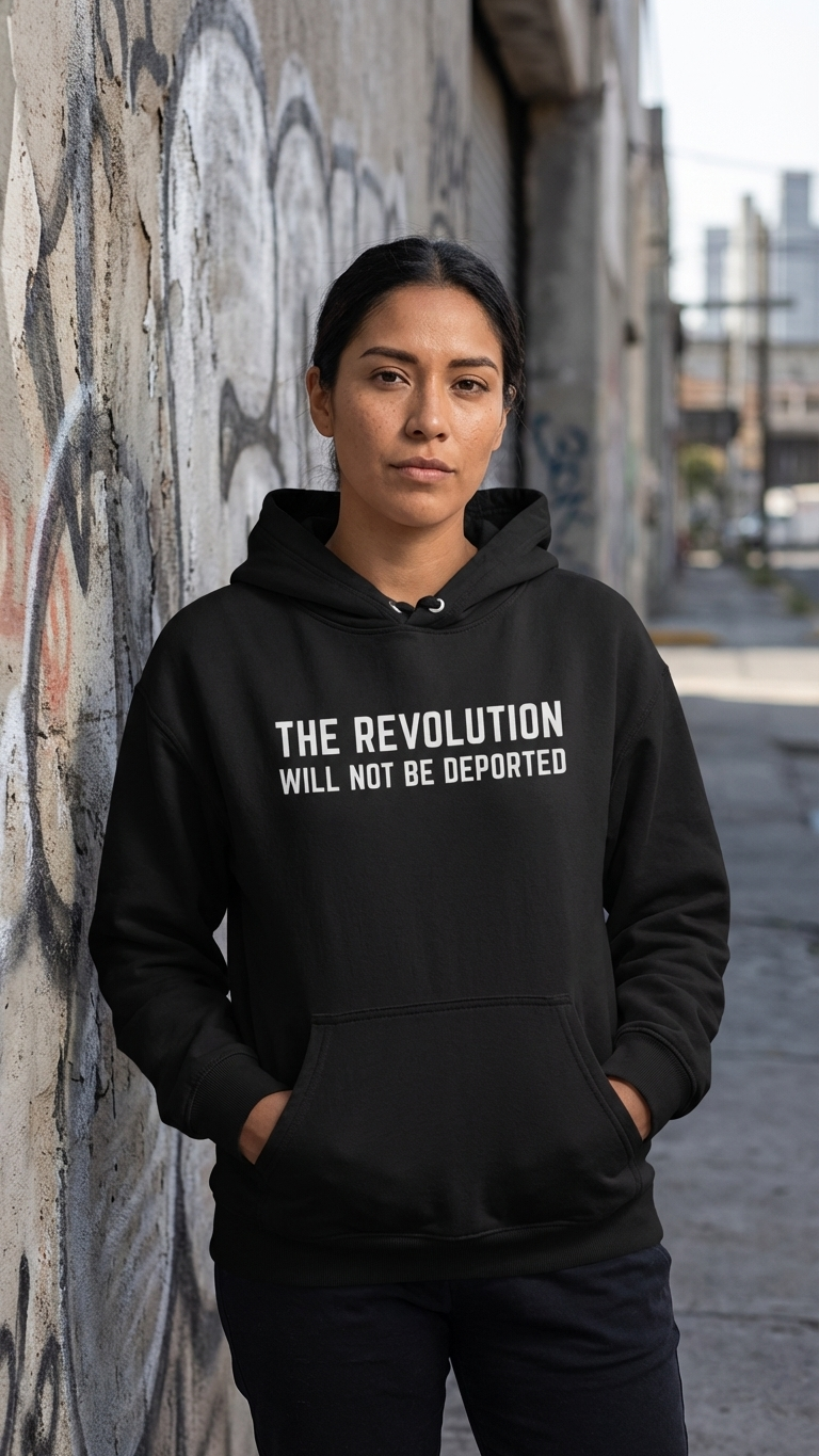 Person wearing a black hoodie with text standing against a graffiti-covered wall.